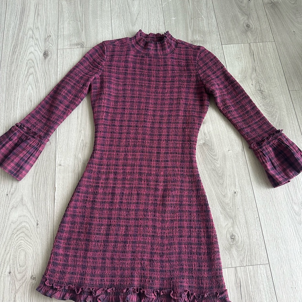 Free People Long Sleeve Plaid Dress - Red and Black